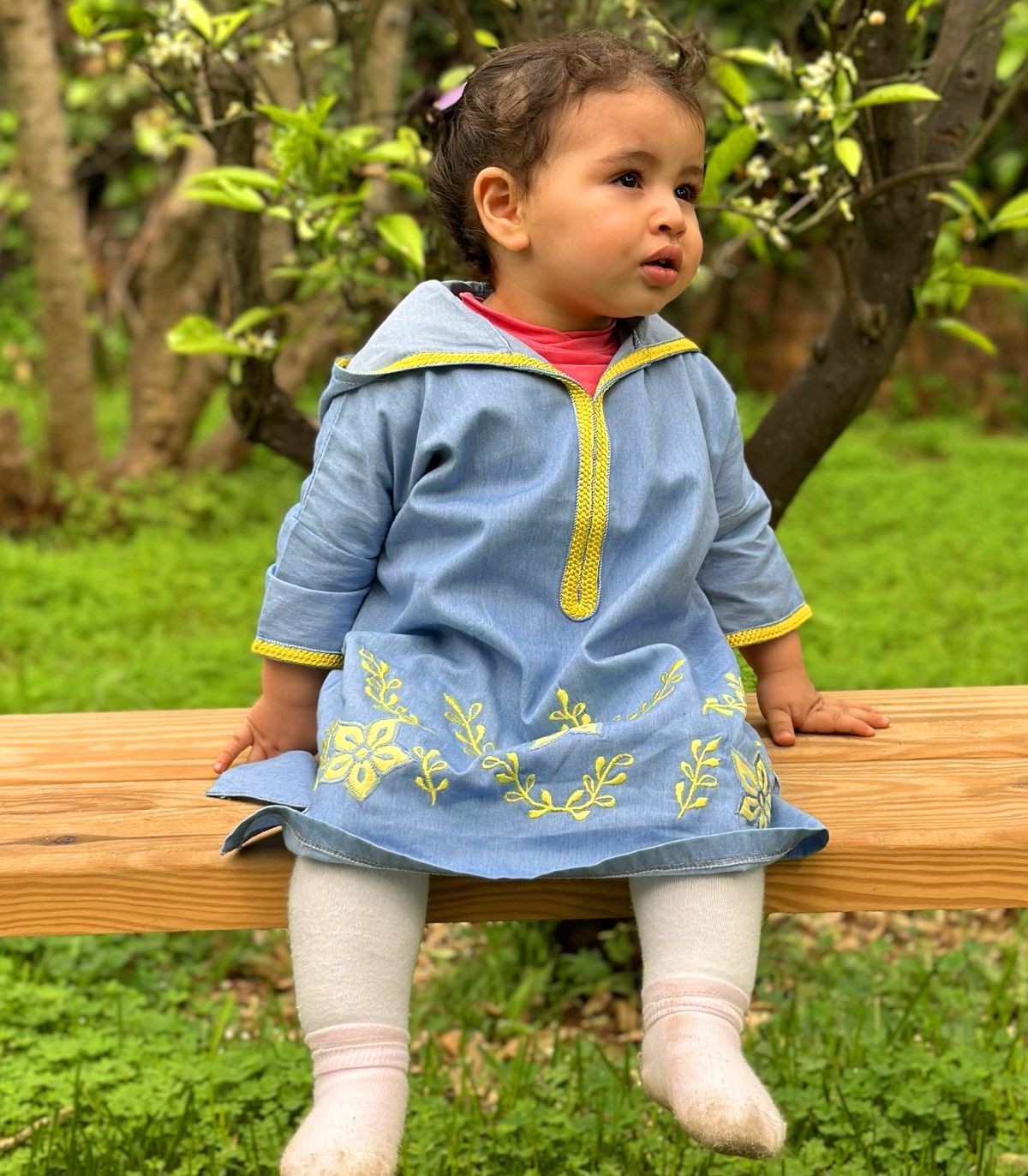 Djellaba fillette Fleur d'Or en Jean Brodé | Ô p'tit beldi