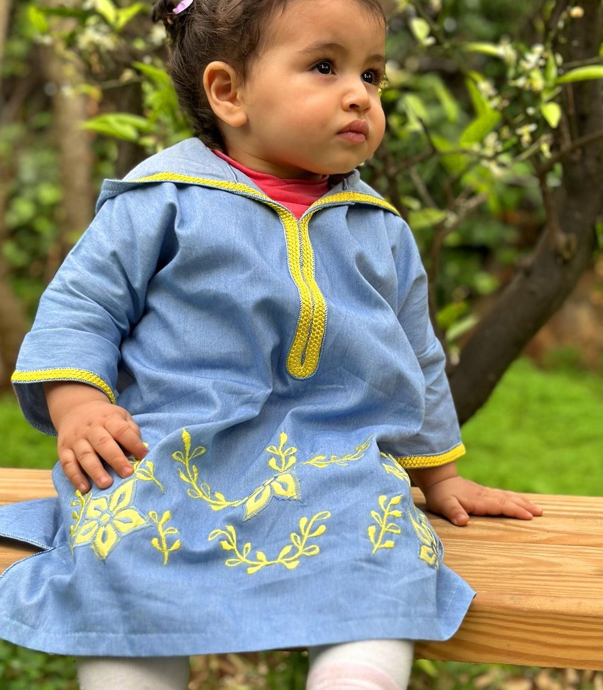 Djellaba fillette Fleur d'Or en Jean Brodé | Ô p'tit beldi