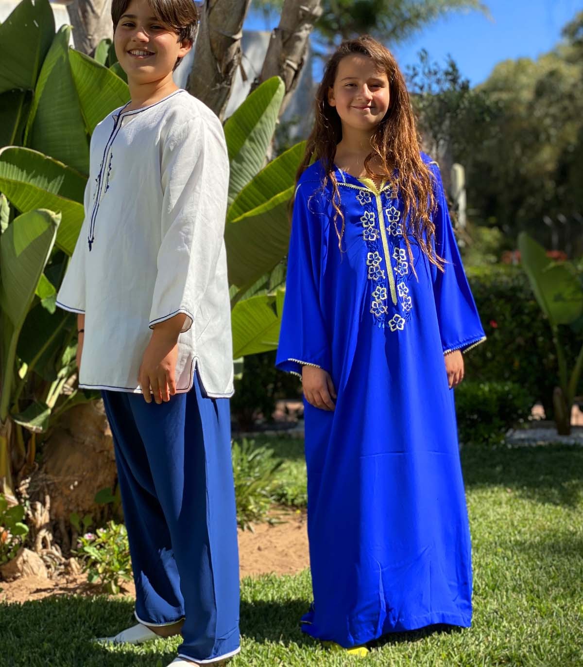 Ensemble Djellaba & Kmiss fillette Bleu Royal | Ô p'tit beldi