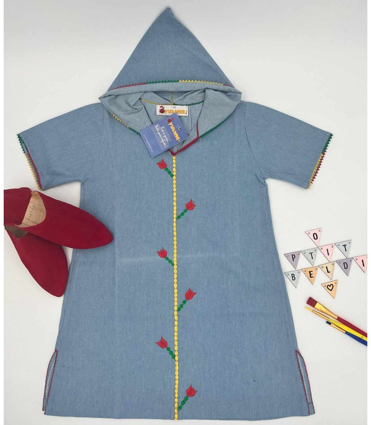 Djellaba fillette "Tulipes Rêveuses" en Jean Léger | Ô p'tit beldi