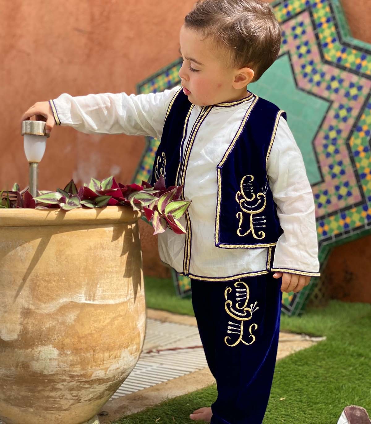 Jabador Enfant en Velours Bleu Roi avec Broderies Dorées | Ô p'tit beldi