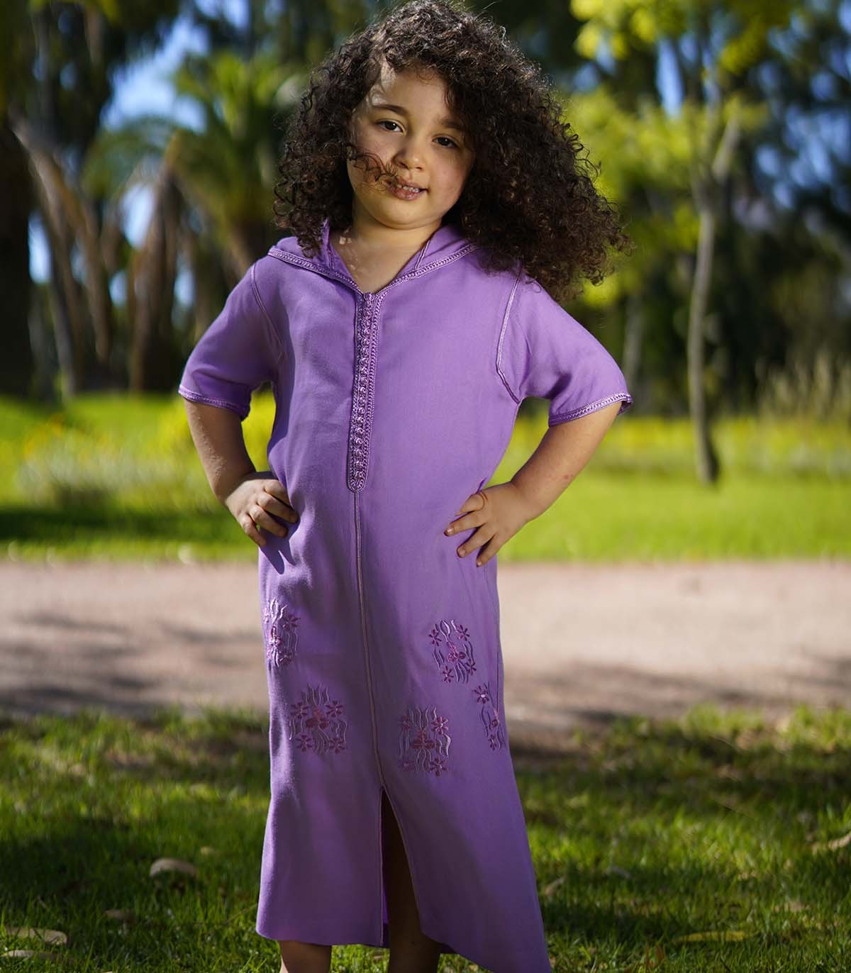 Djellaba girl in embroidered purple cotton canvas Size 8 years