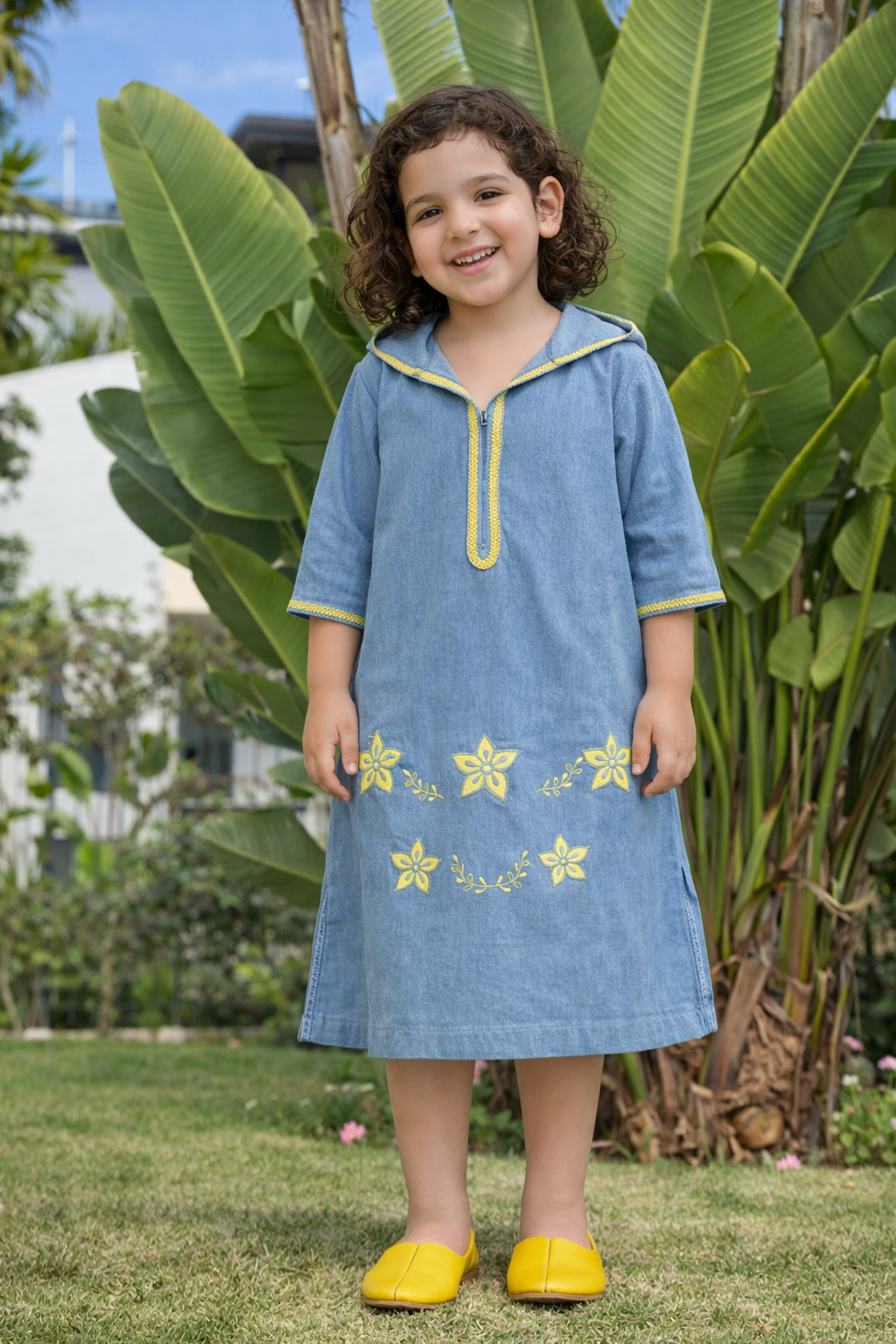 Djellaba fillette Fleur d'Or en Jean Brodé  | Ô p'tit beldi