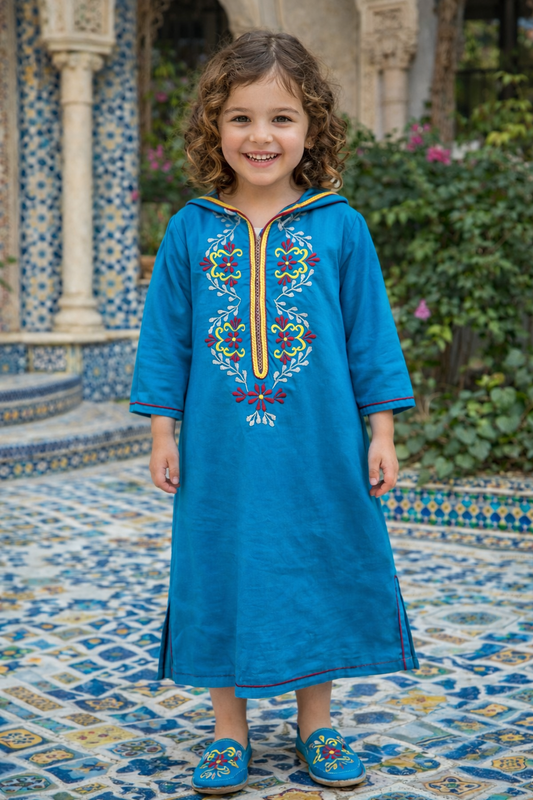 Djellaba fillette Éclat Bleu Électrique Brodée | Ô p'tit beldi